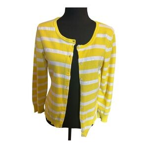 Top Knits Women Yellow White Striped Button Down Lightweight Cardigan Sz Medium